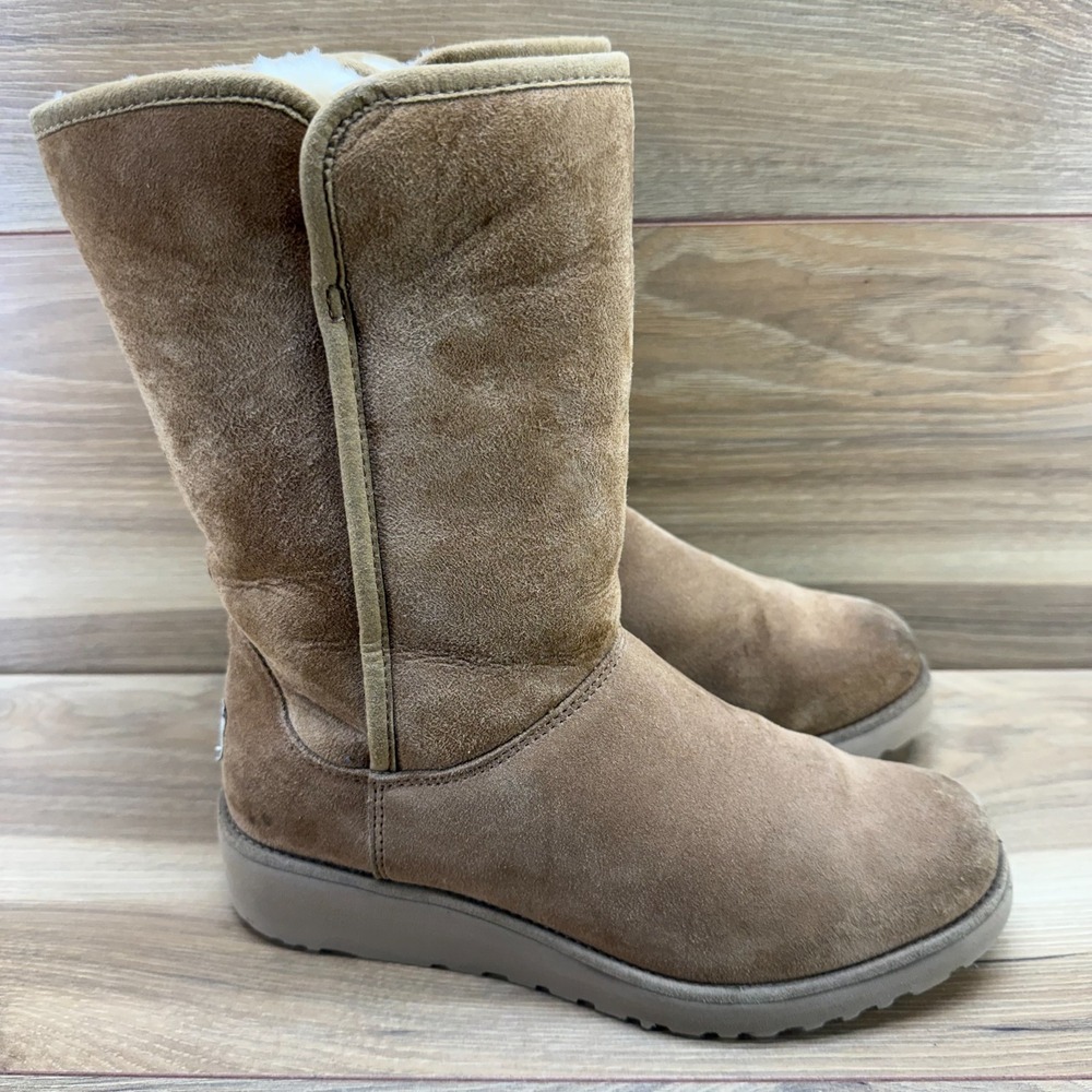 UGG Amie Mid Calf Wedge Boots Womens 7 Chestnut Suede Sherpa Shearling Lined